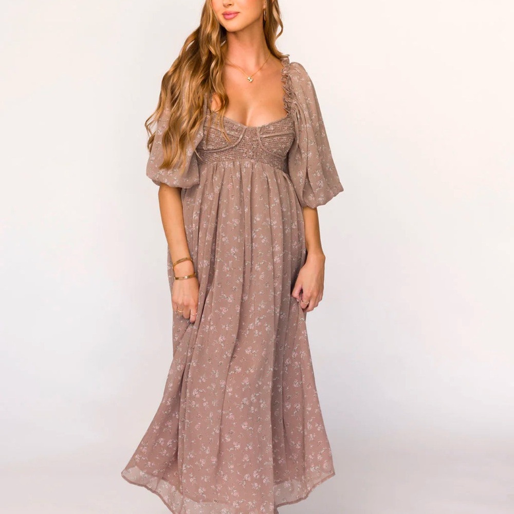 Worth Collective Harlow Maxi Dress in taupe floral - bump friendly